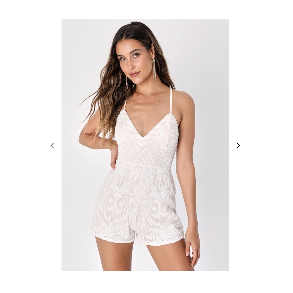 Lulu's Catch a Spark White and Beige Sequin Romper - Picture 2 of 8